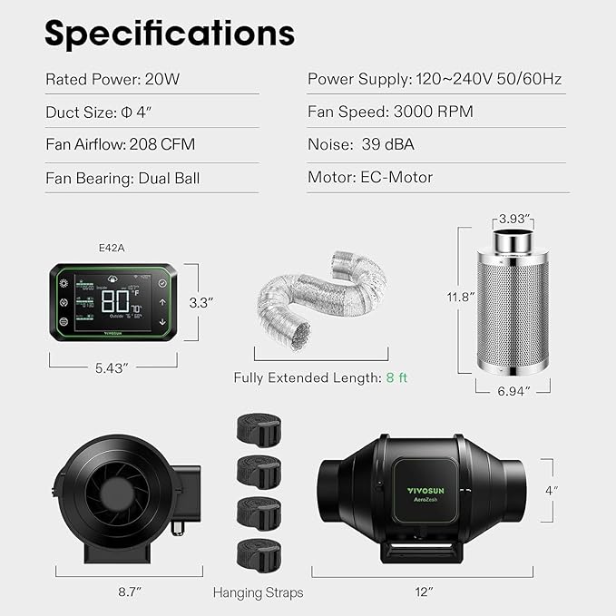 VIVOSUN AEROZESH S4 4″ FAN + CARBON FILTER + DUCTING + E42A CONTROLLER KIT