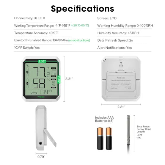 VIVOSUN Aerolab Bluetooth Hygrometer Thermometer and External Sensor