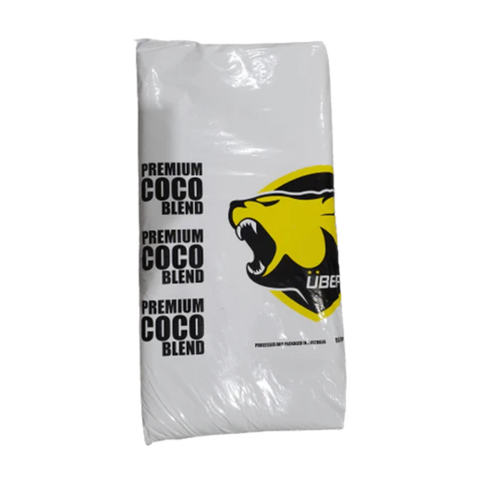 White bag of premium coco blend with a yellow and black logo on a white background